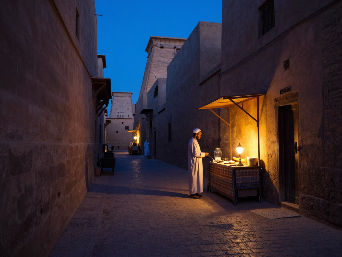 Luxor Egypt indigo twilight street scene with glass jar and table lamp in in Luxor, Egypt