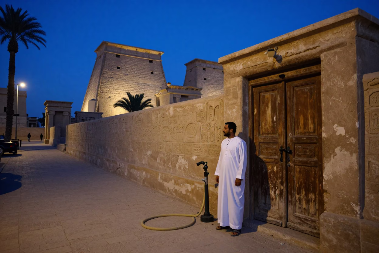 Luxor Egypt indigo twilight street scene with hose nozzle and gate handle in in Luxor, Egypt