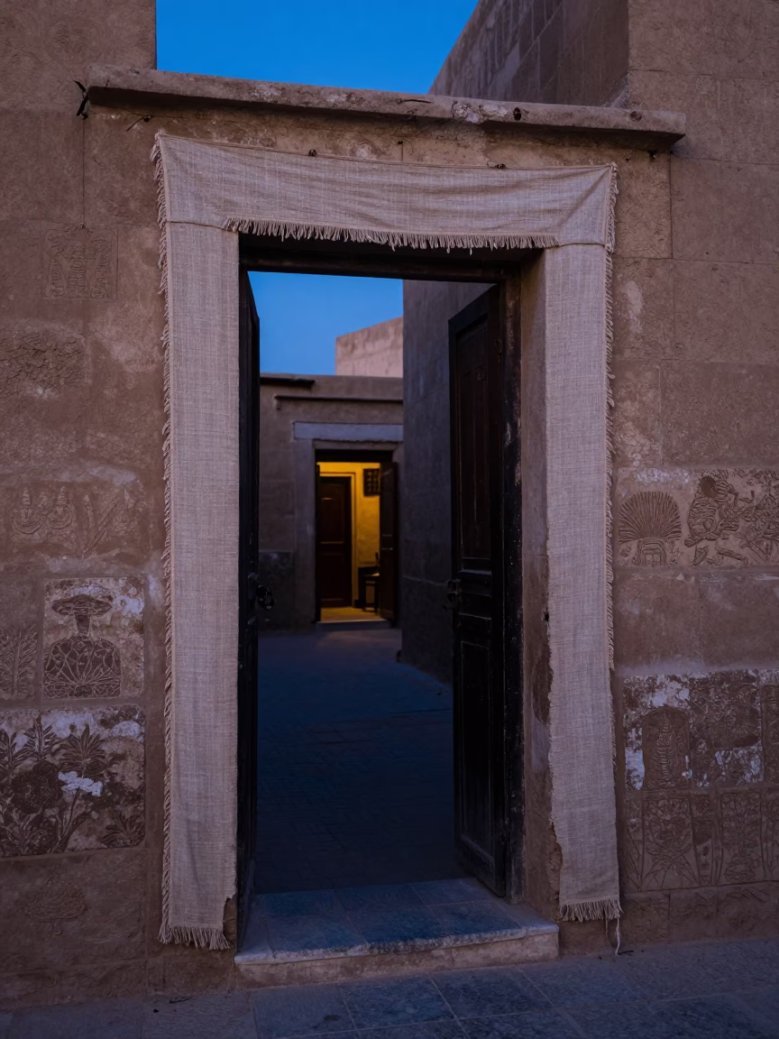Luxor Egypt indigo twilight street scene with linen doorframe and local interaction in in Luxor, Egypt