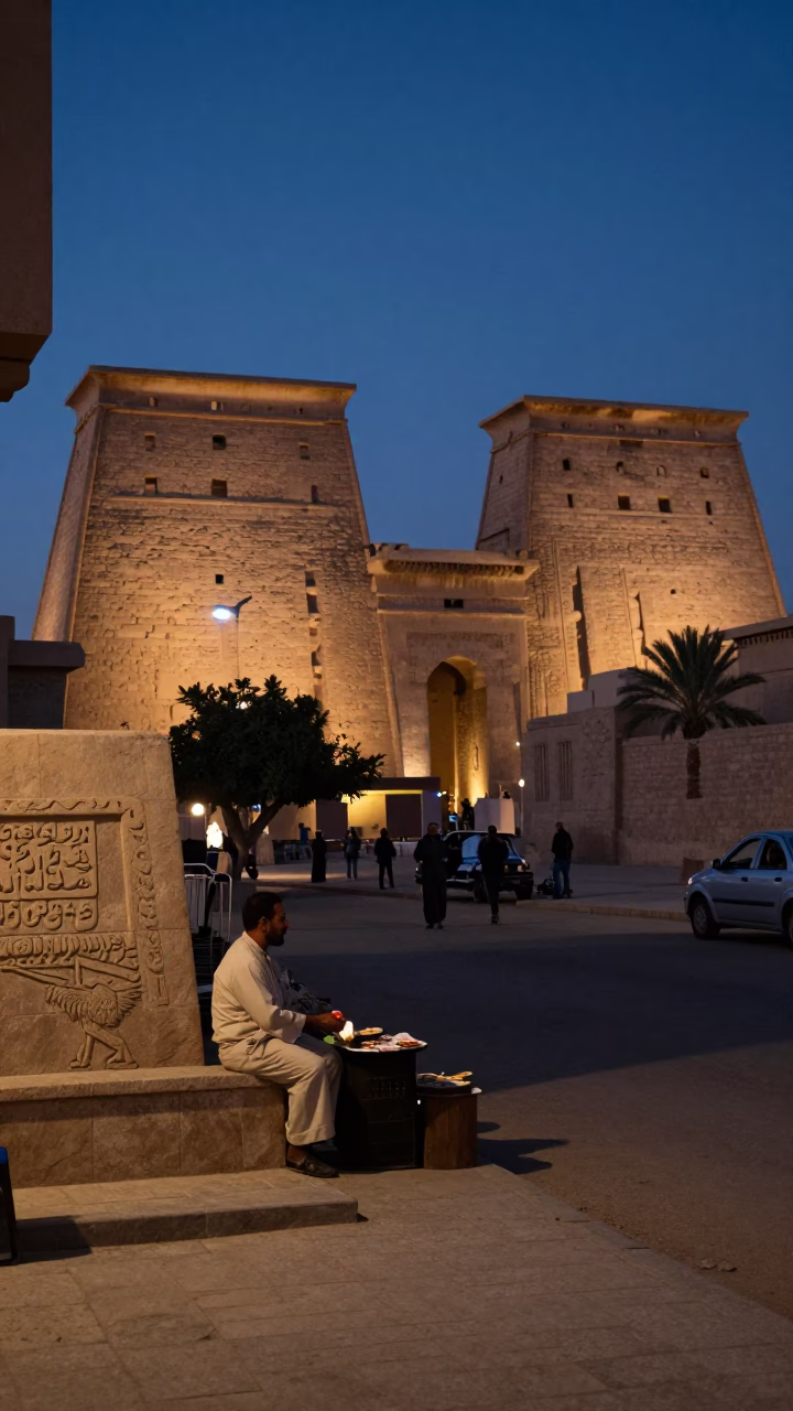Luxor Egypt Indigo Twilight Street Scene with Local Vendor and Traditional Elements in in Luxor, Egypt