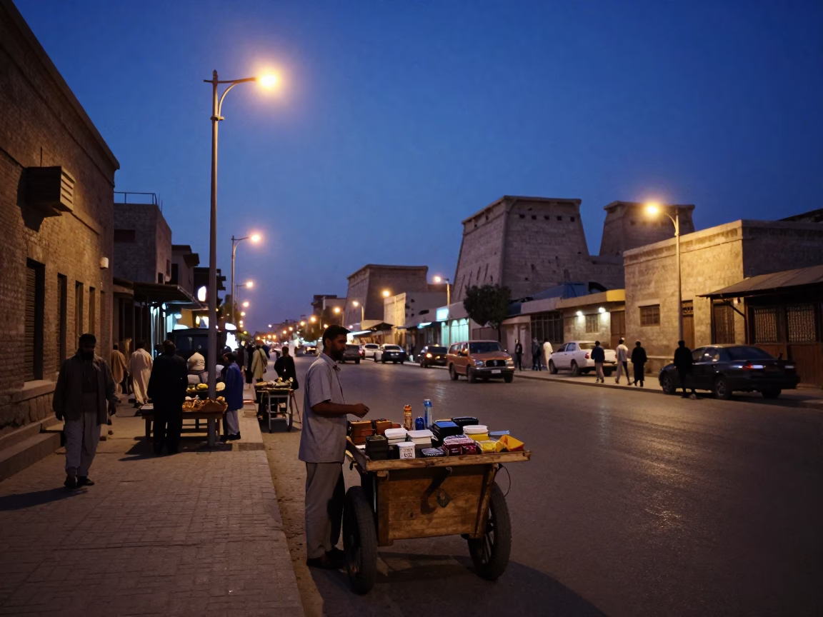 Luxor Egypt indigo twilight street scene with local vendors and traditional architecture in in Luxor, Egypt