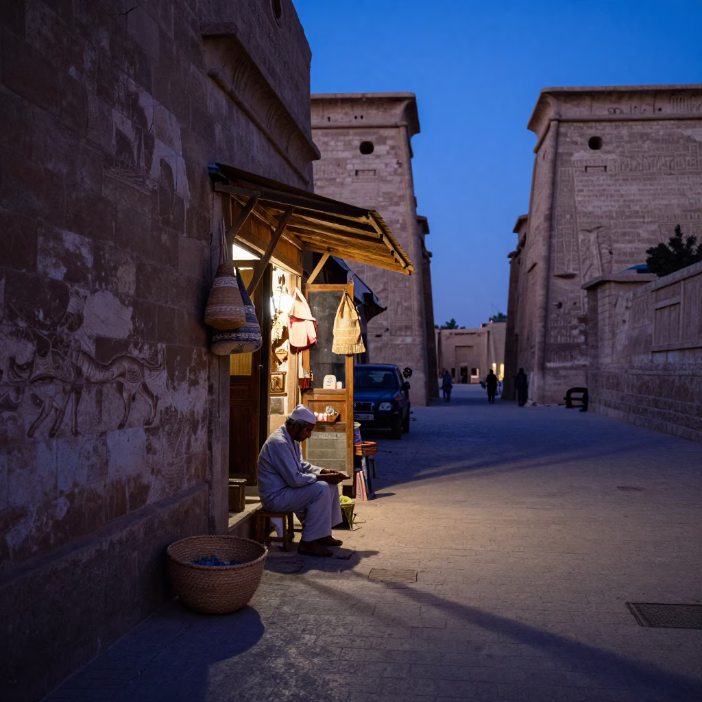 Luxor Egypt indigo twilight street scene with mending basket and chalk tray in in Luxor, Egypt
