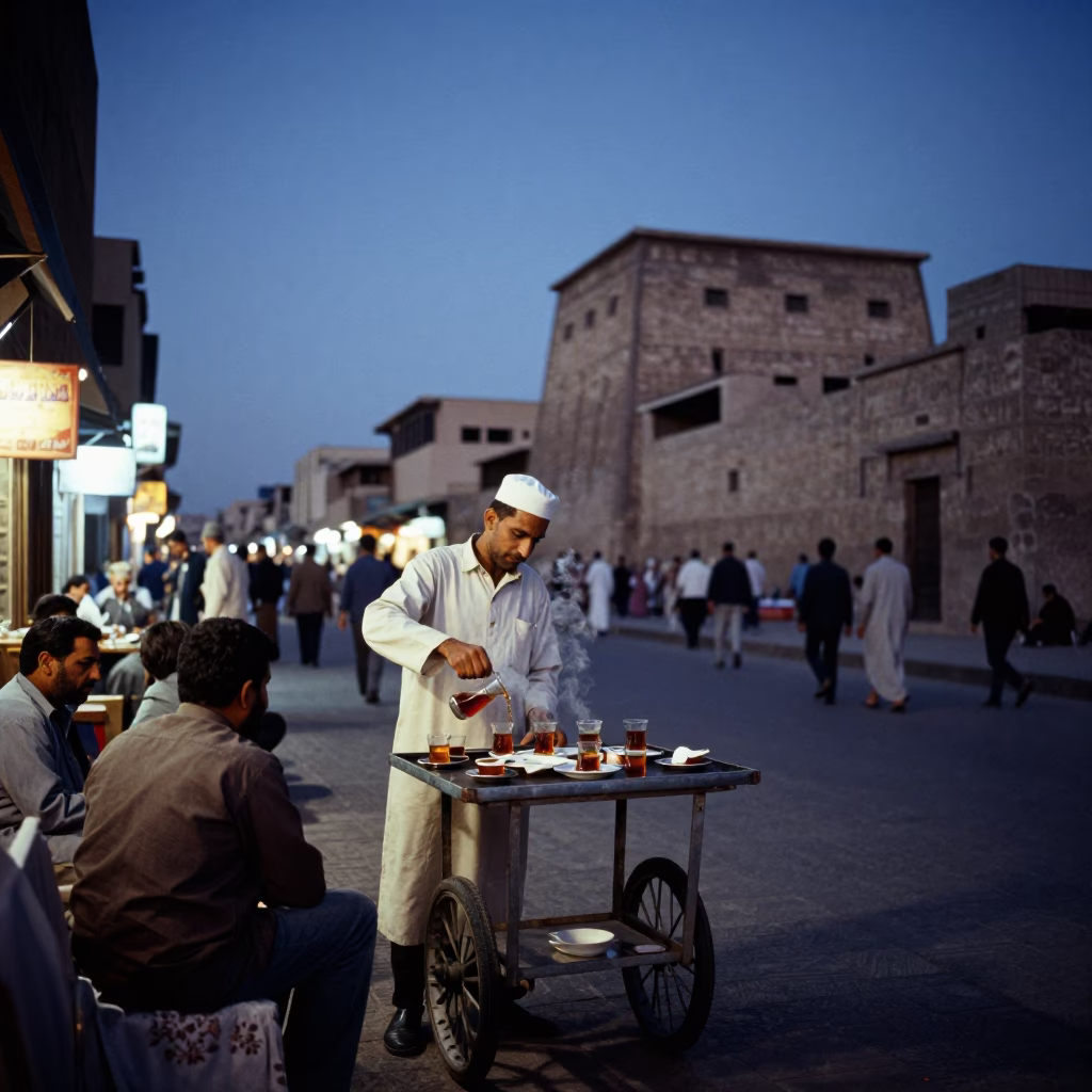 Luxor Egypt indigo twilight street scene with tea and local life in in Luxor, Egypt