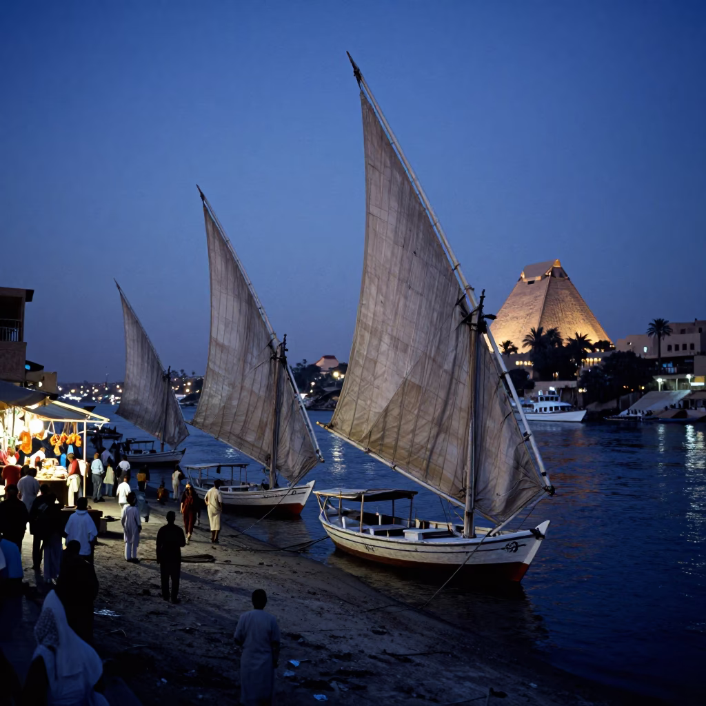 Luxor Egypt Indigo Twilight Street Scene with Wooden Sailboat and Camel Caravan in in Luxor, Egypt