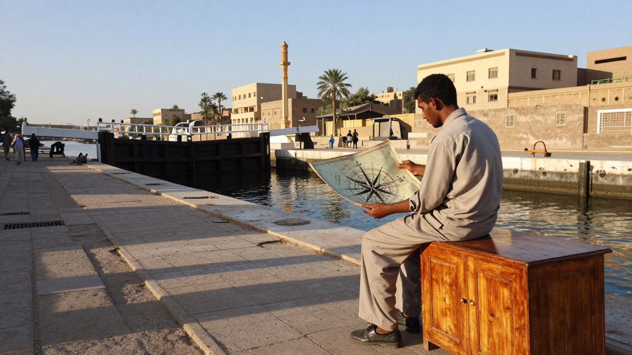 Luxor Egypt Late Afternoon Street Scene with Antique Compass and Whiteboard in in Luxor, Egypt