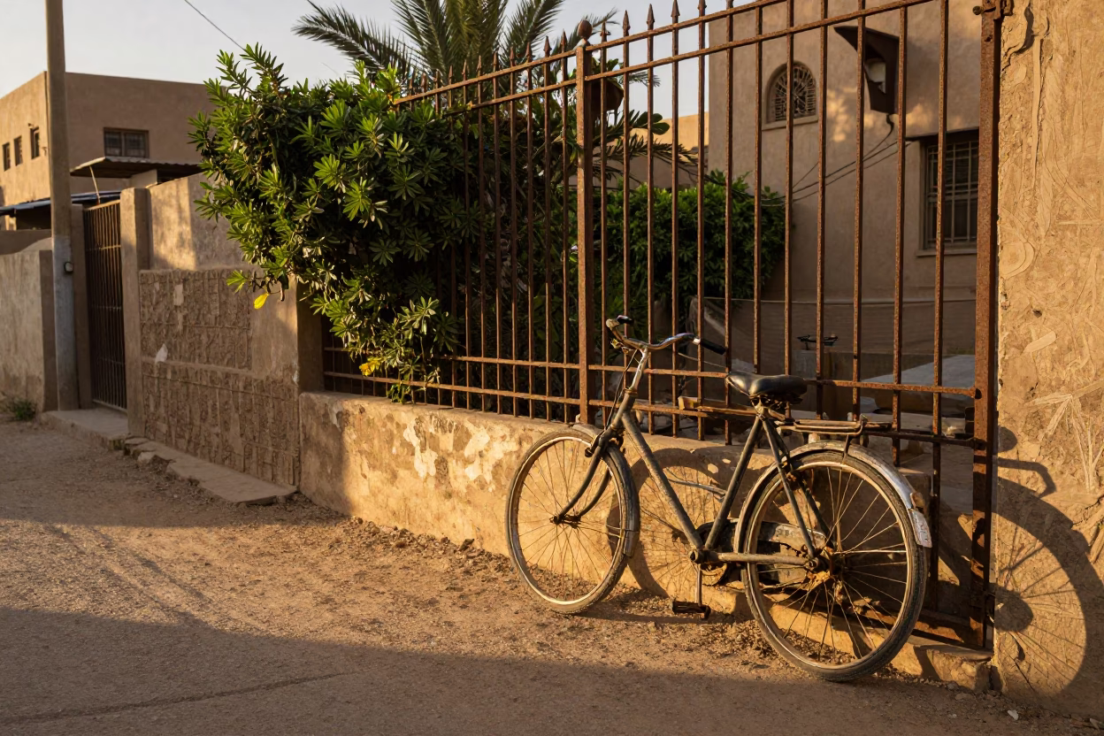 Luxor Egypt Late Afternoon Street Scene with Bicycle and Garden Gate in in Luxor, Egypt
