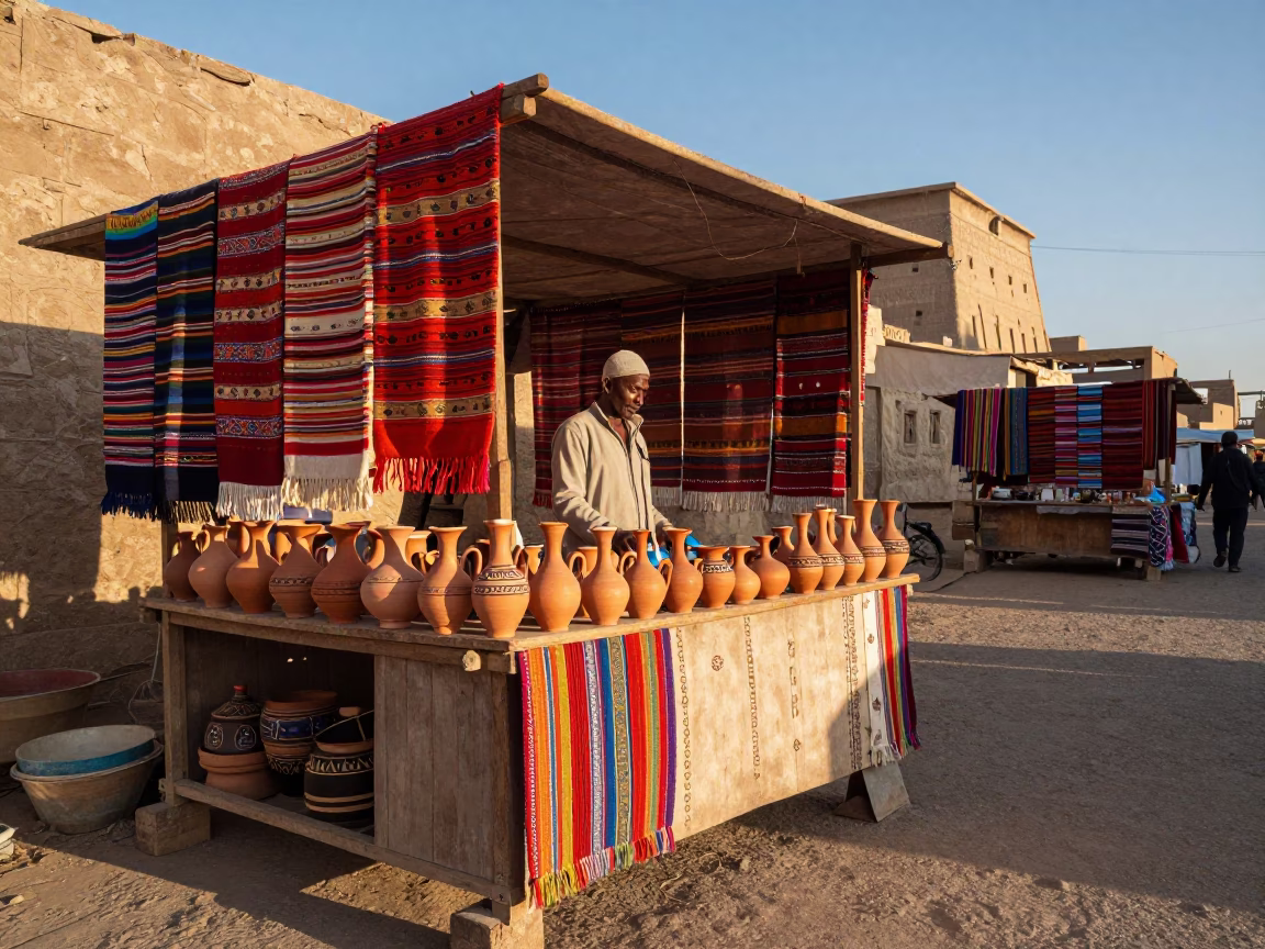 Luxor Egypt Late Afternoon Street Scene with Colorful Textiles and Traditional Pottery in in Luxor, Egypt