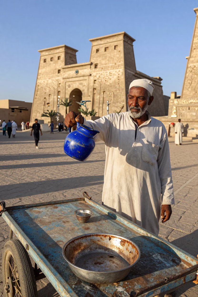 Luxor Egypt Late Afternoon Street Scene with Enamel Pitcher and Rusty Bowl in in Luxor, Egypt