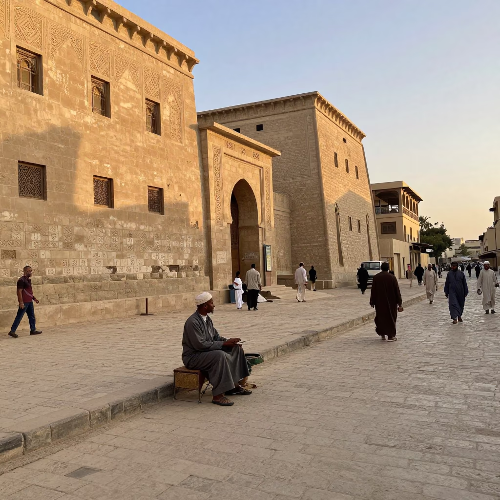 Luxor Egypt Late Afternoon Street Scene with Local Vendor and Traditional Architecture in in Luxor, Egypt