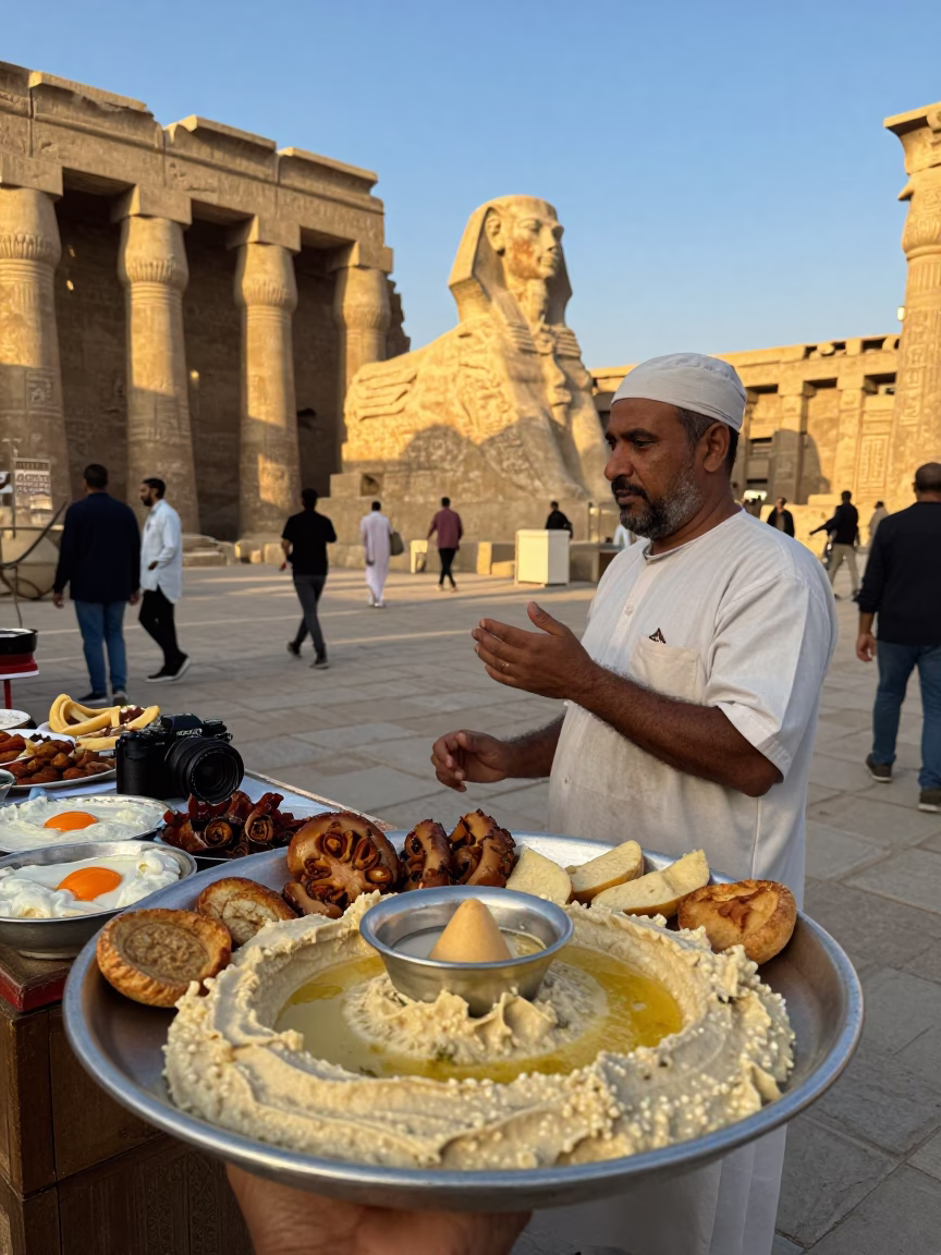 Luxor Egypt Late Afternoon Street Scene with Mezze Platter and Local Interaction in in Luxor, Egypt