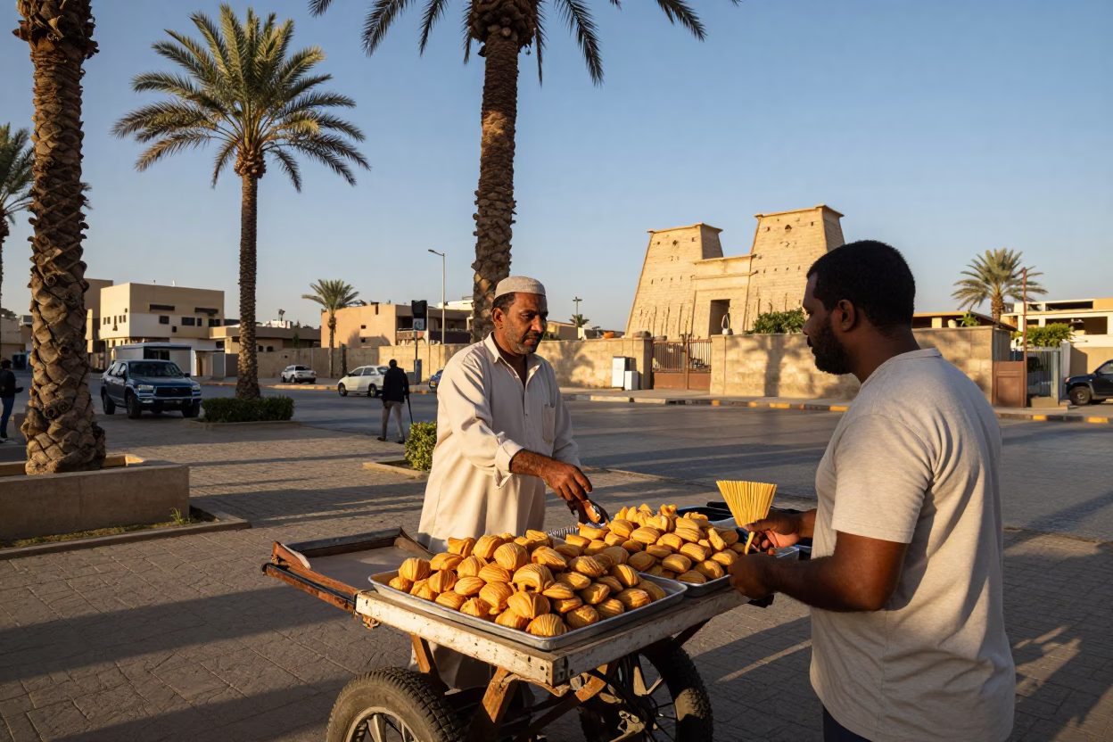 Luxor Egypt Late Afternoon Street Scene with Palm Tree and Market Stall in in Luxor, Egypt