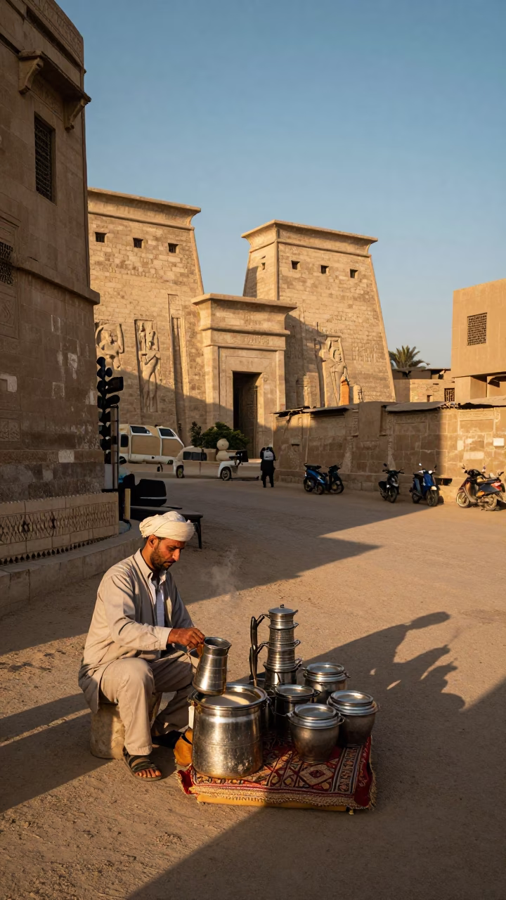 Luxor Egypt late afternoon street scene with tea vendor and traditional architecture in in Luxor, Egypt
