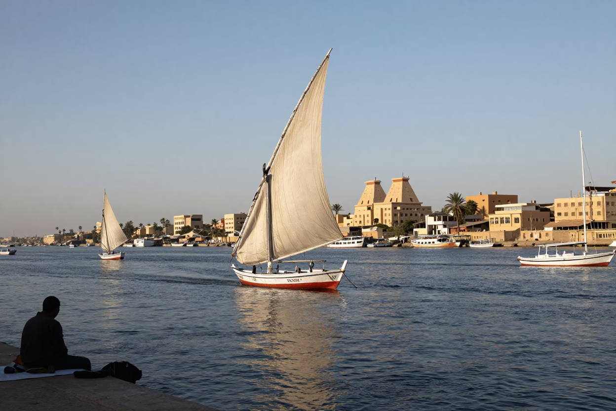 Luxor Egypt Late Afternoon Street Scene with Traditional Boat and Local Market Activity in in Luxor, Egypt