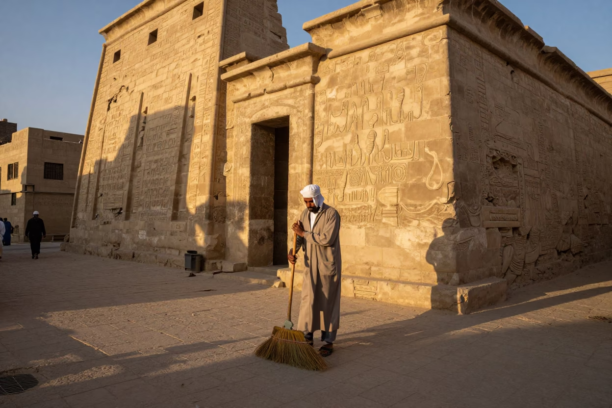Luxor Egypt Late Afternoon Street Scene with Traditional Hand Broom and Local Market Activity in in Luxor, Egypt