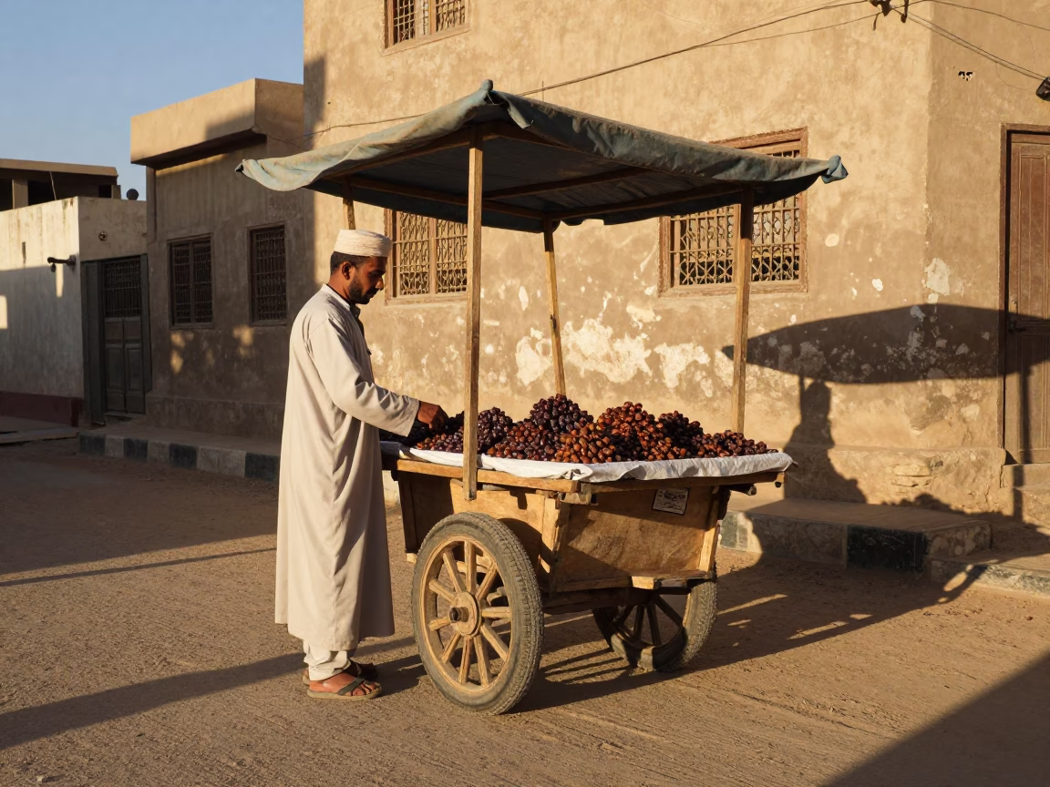 Luxor Egypt late afternoon street scene with vendor and traditional architecture in in Luxor, Egypt