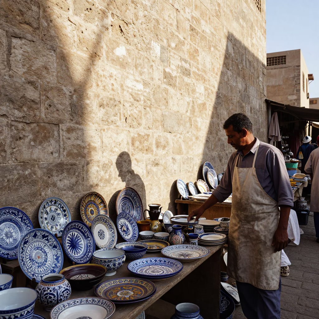 Luxor Egypt Late Afternoon Street Scene with Vintage Majolica Plate and Apron in in Luxor, Egypt