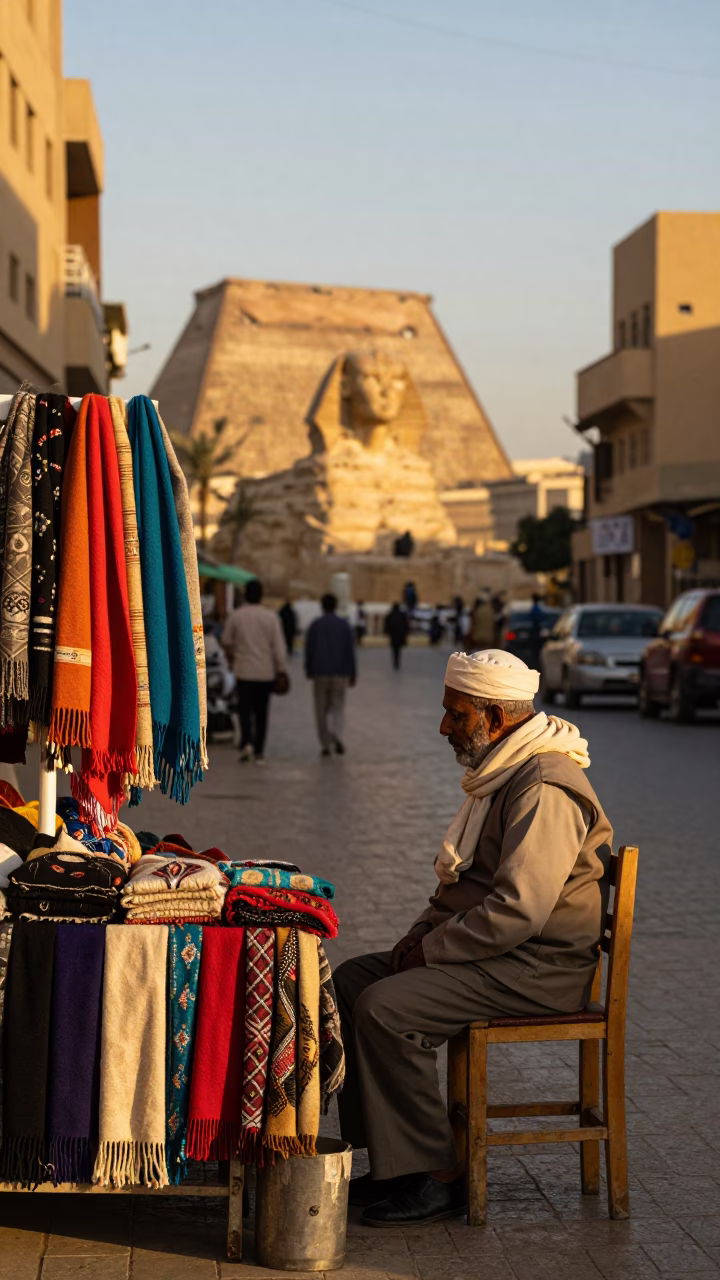 Luxor Egypt Late Afternoon Street Scene with Wool Scarves and Traditional Chair in in Luxor, Egypt