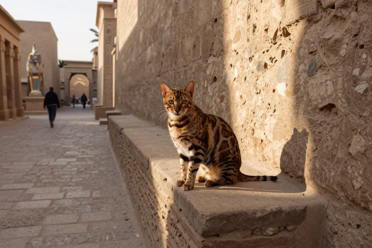 Luxor Egypt Late Morning Street Scene with Bengali Cat and Chisel Tool in in Luxor, Egypt
