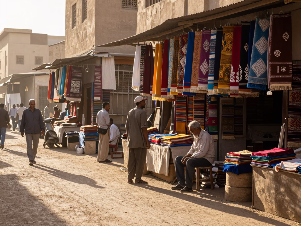 Luxor Egypt Late Morning Street Scene with Local Shopkeeper and Traditional Market Goods in in Luxor, Egypt