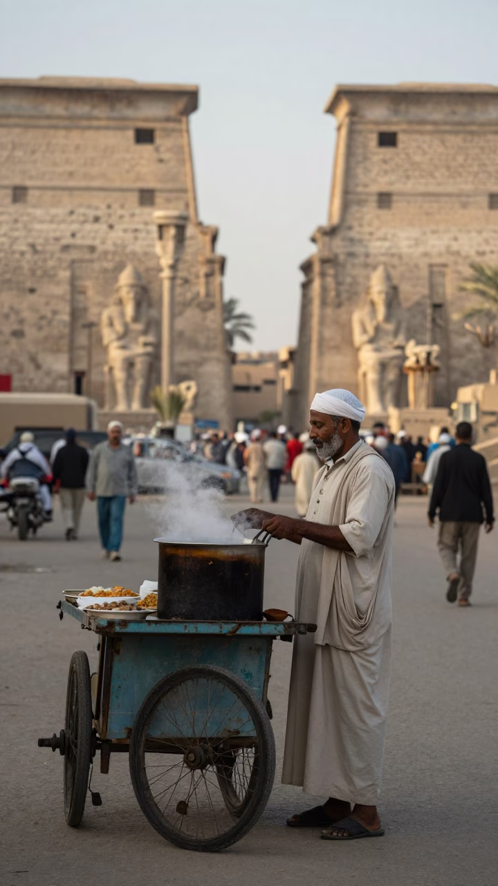 Luxor Egypt Late Morning Street Scene with Local Vendor and Cooking Pot in in Luxor, Egypt