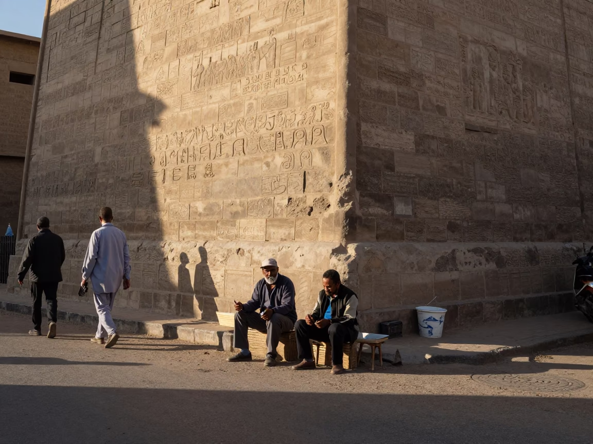 Luxor Egypt Late Morning Street Scene with Local Vendor and Traditional Injera Plate in in Luxor, Egypt