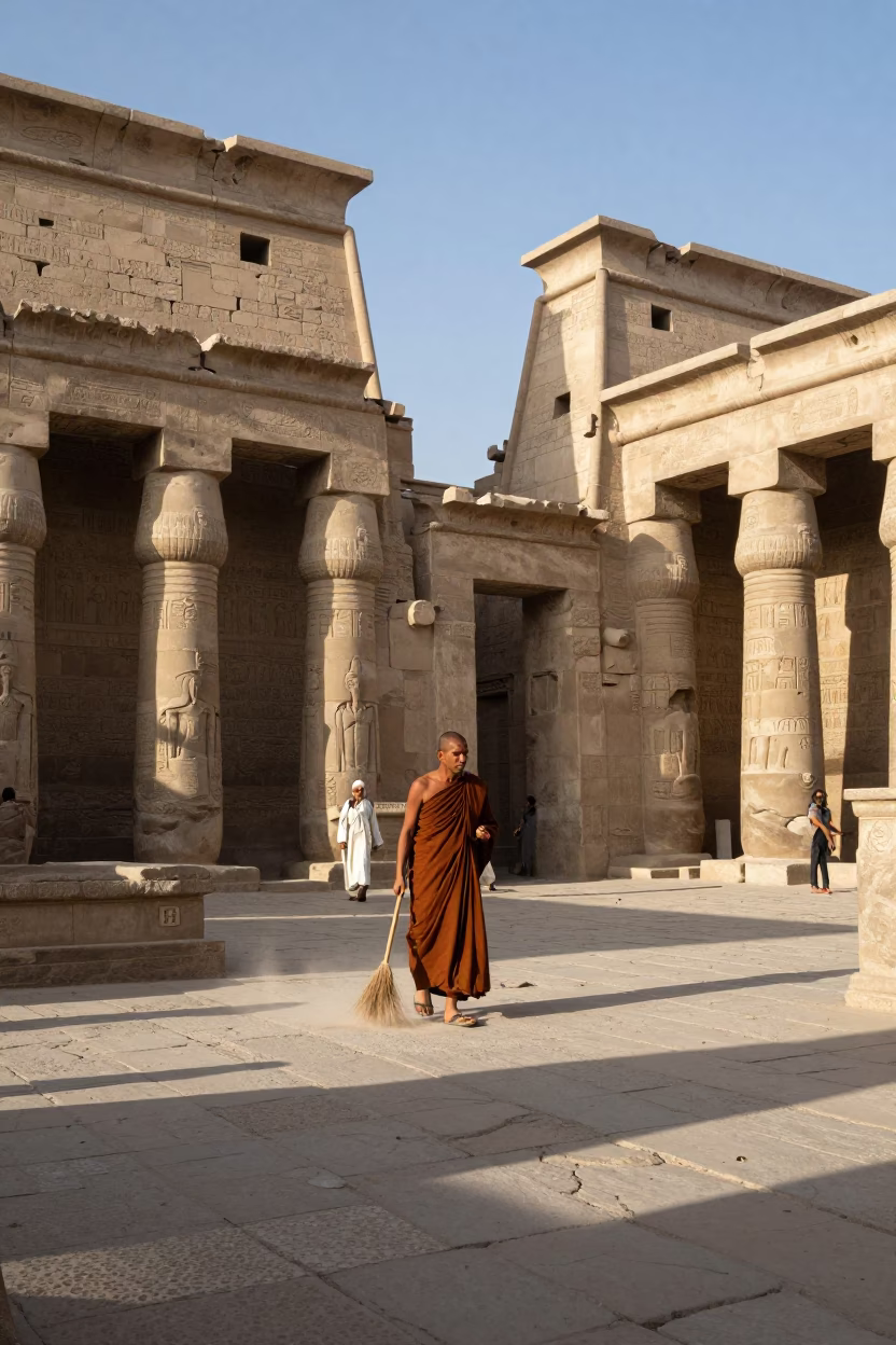 Luxor Egypt Late Morning Street Scene with Monk Sweeping Temple Steps and Local Life in in Luxor, Egypt