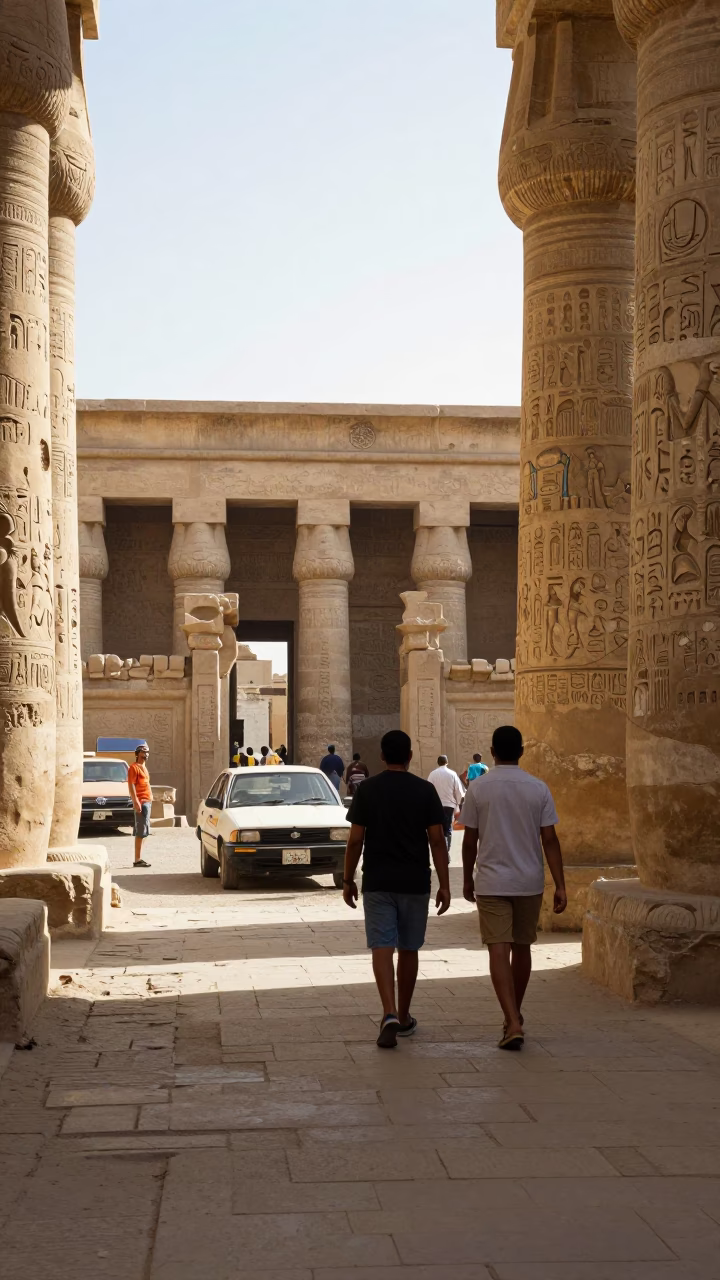 Luxor Egypt late morning street scene with tourists and historic temple architecture in in Luxor, Egypt