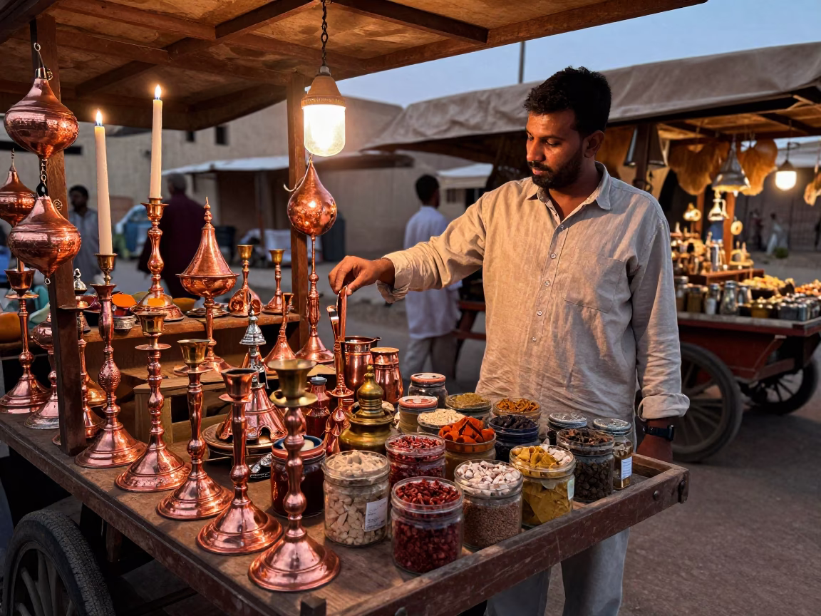 Luxor Egypt Market Stall with Candlesticks and Spices in Copper Dusk Light in in Luxor, Egypt