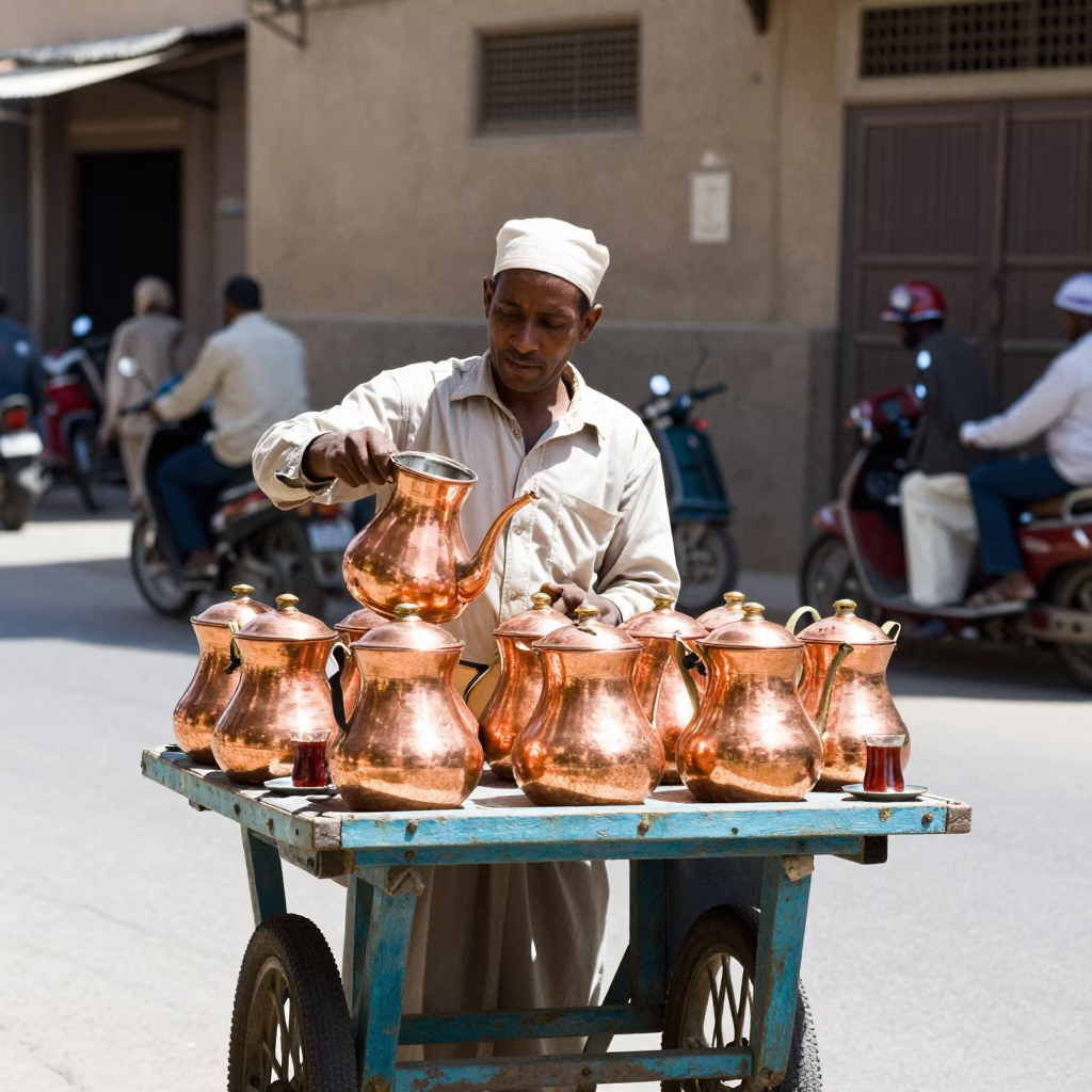 Luxor Egypt Midday Street Scene with Copper Pots and Tea in in Luxor, Egypt