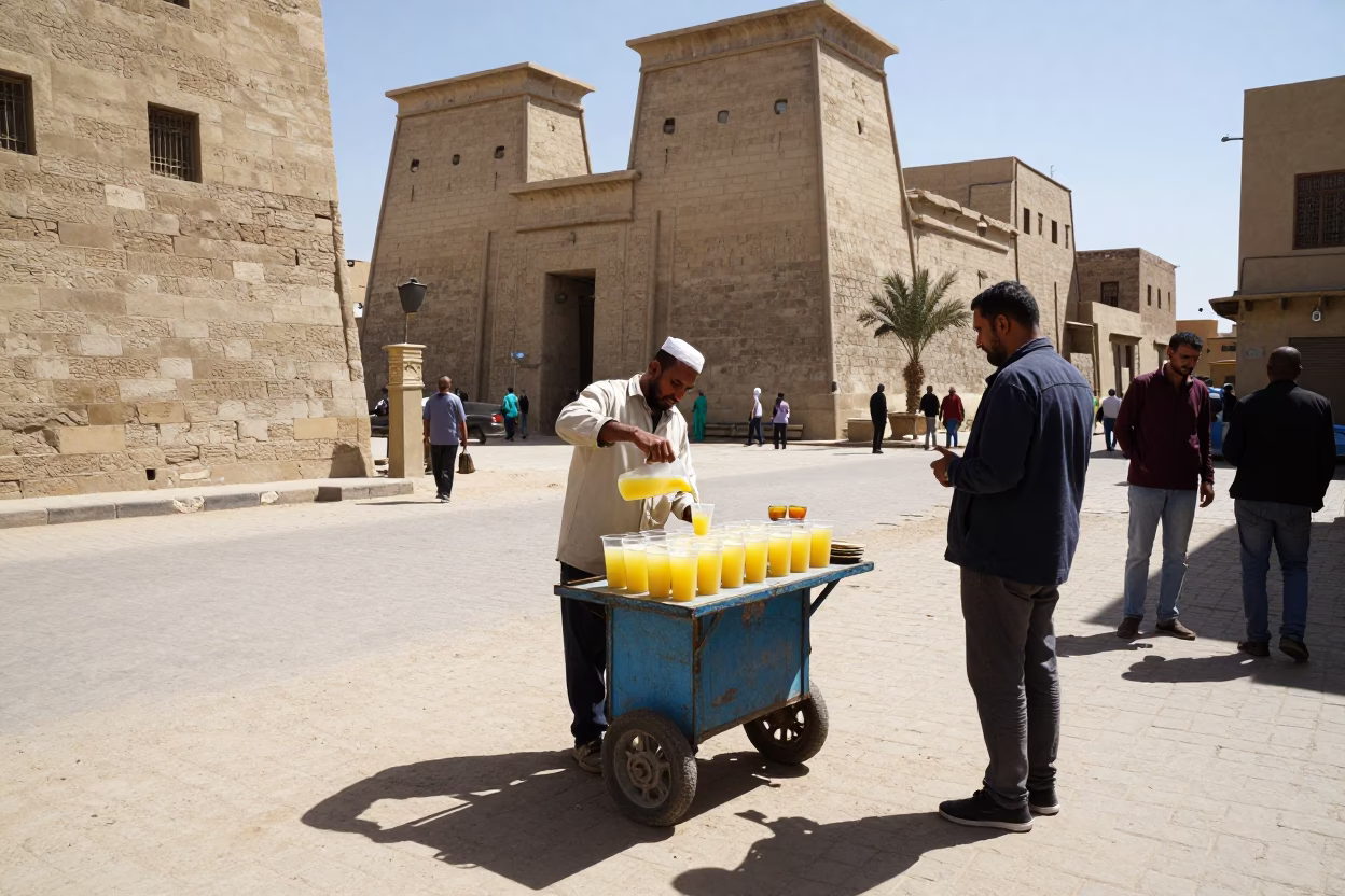 Luxor Egypt Midday Street Scene with Fresh Sugarcane Juice Vendor and Local Market Activity in in Luxor, Egypt