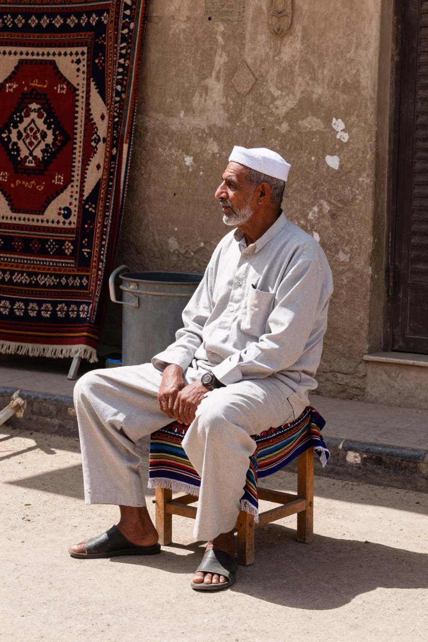 Luxor Egypt midday street scene with linen stool and patterned rug in in Luxor, Egypt