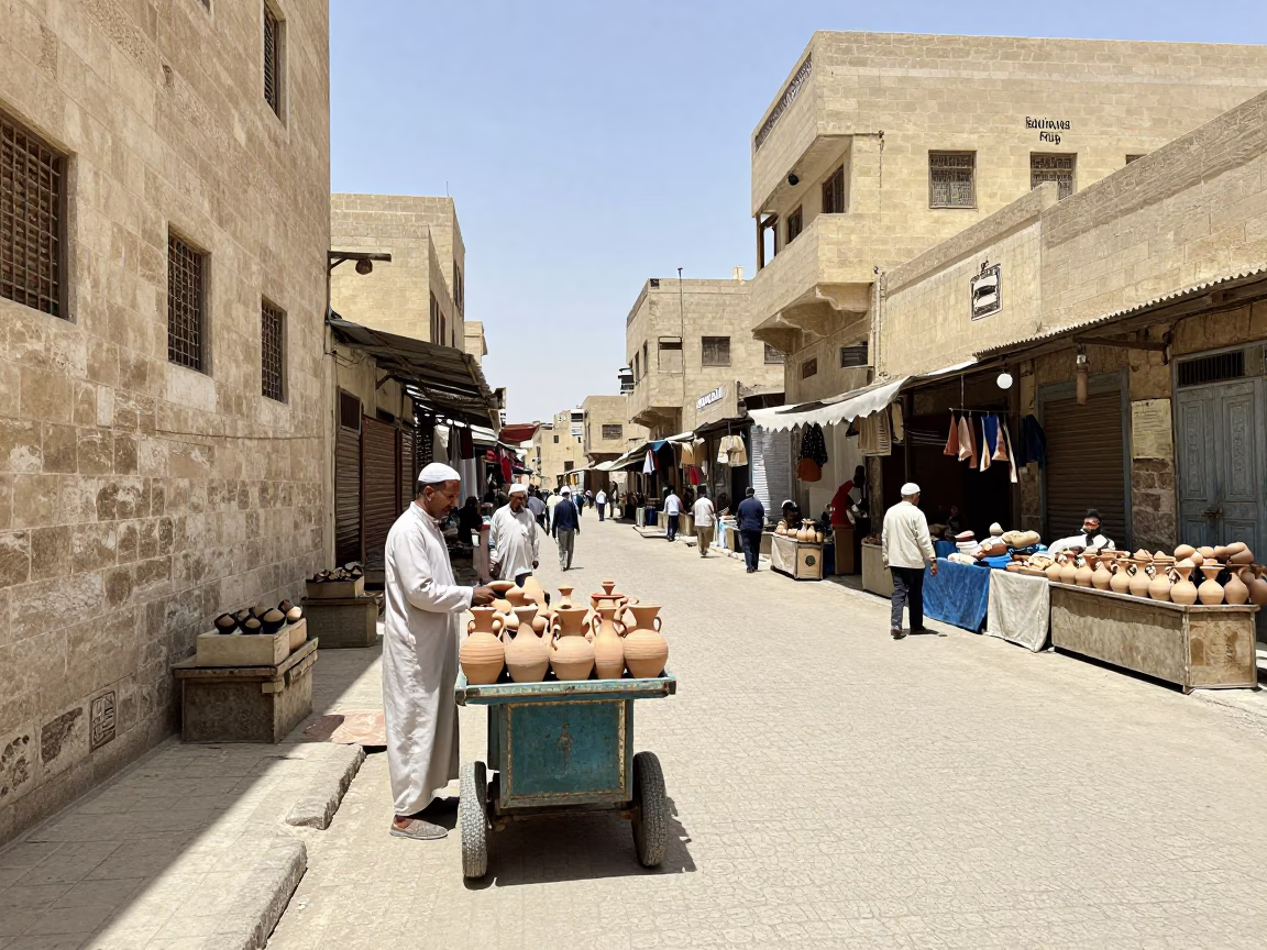 Luxor Egypt Midday Street Scene with Local Market Activity and Traditional Architecture in in Luxor, Egypt