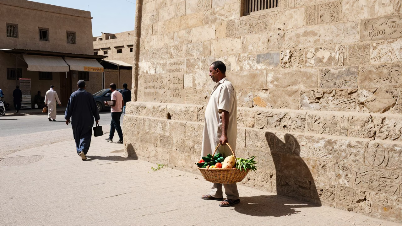 Luxor Egypt Midday Street Scene with Local Vendor and Traditional Basket in in Luxor, Egypt