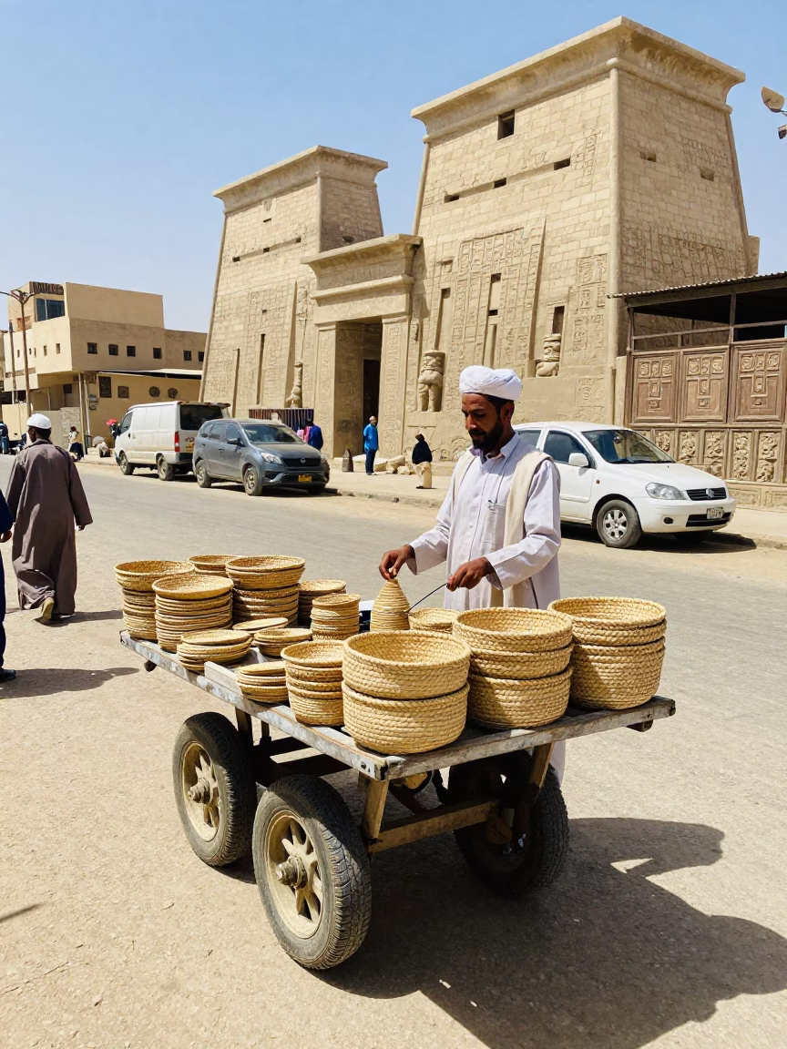 Luxor Egypt Midday Street Scene with Local Vendor and Traditional Market Goods in in Luxor, Egypt