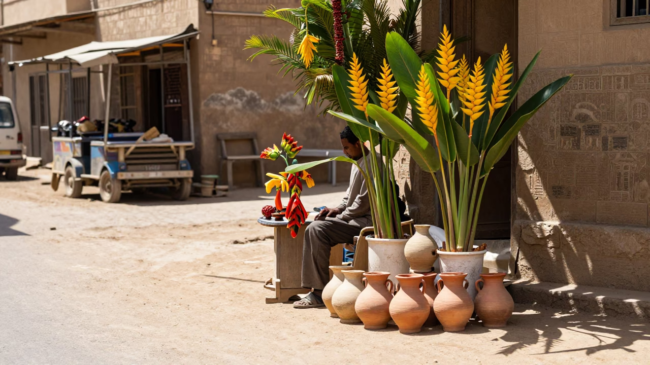 Luxor Egypt Midmorning Street Scene with Heliconia Flowers and Local Market Activity in in Luxor, Egypt