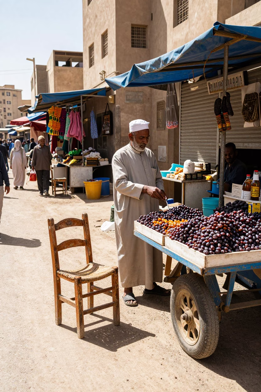 Luxor Egypt Midmorning Street Scene with Local Vendor and Chair in in Luxor, Egypt