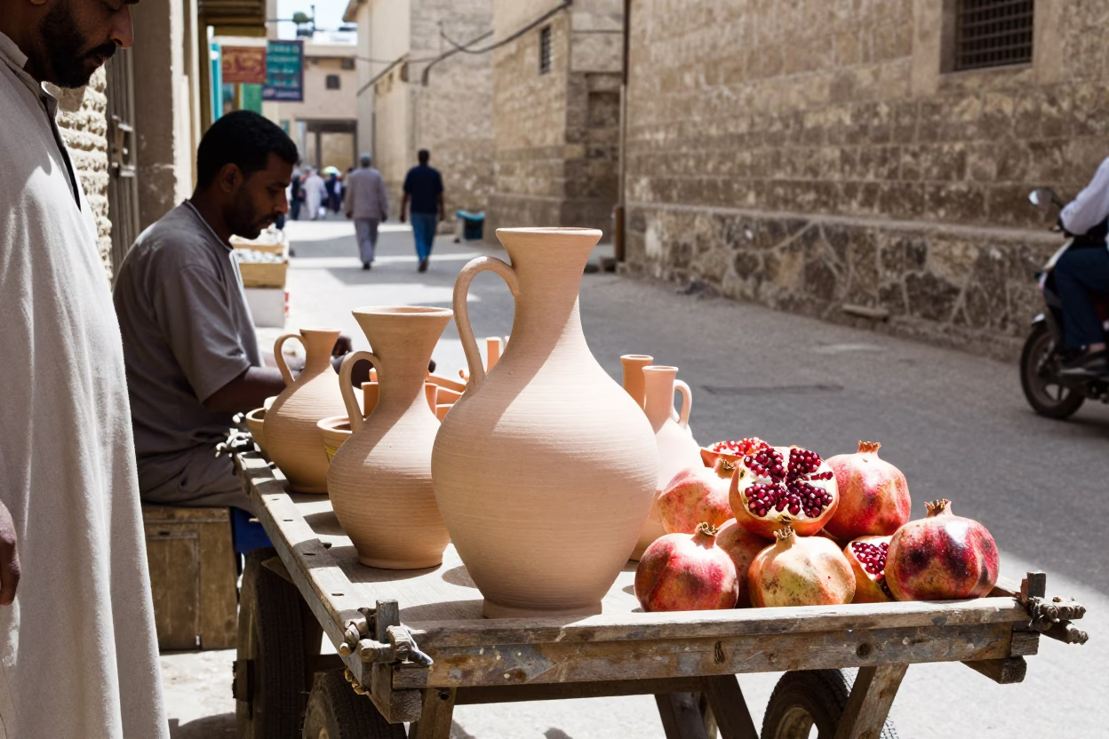 Luxor Egypt Midmorning Street Scene with Pottery Carafe and Pomegranate Tree in in Luxor, Egypt