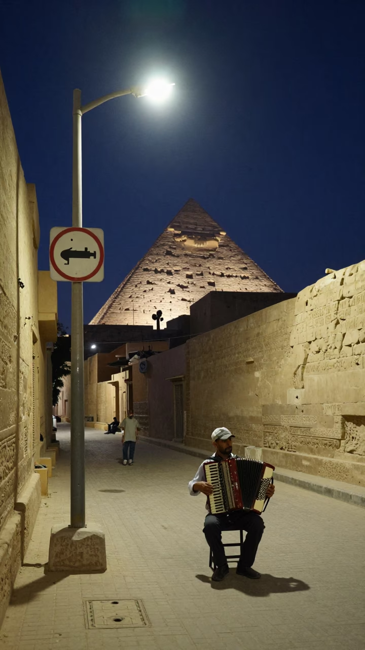 Luxor Egypt Midnight Street Scene with Gas Pipeline Marker and Accordion Musician in in Luxor, Egypt