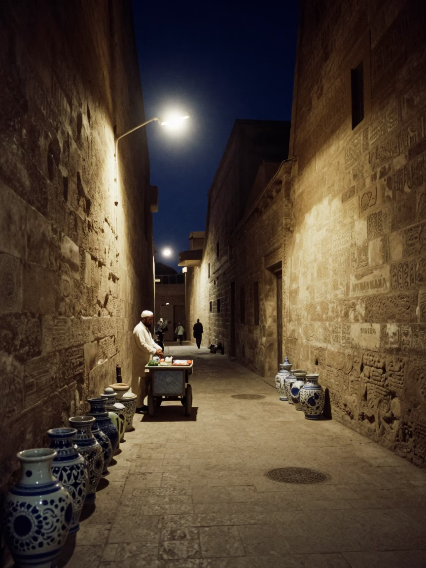 Luxor Egypt Midnight Street Scene with Porcelain Jars and Jewel Beetle in in Luxor, Egypt