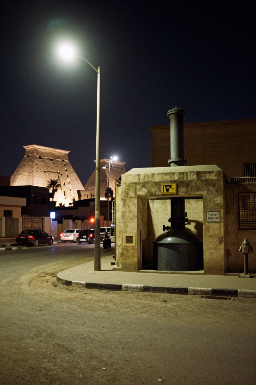 Luxor Egypt Midnight Street Scene with Sewage Pumping Station and Local Worker in in Luxor, Egypt