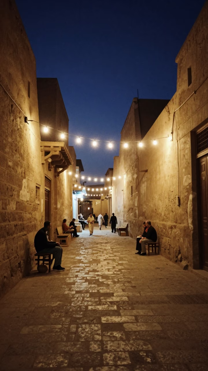 Luxor Egypt midnight street scene with string lights and local life in in Luxor, Egypt