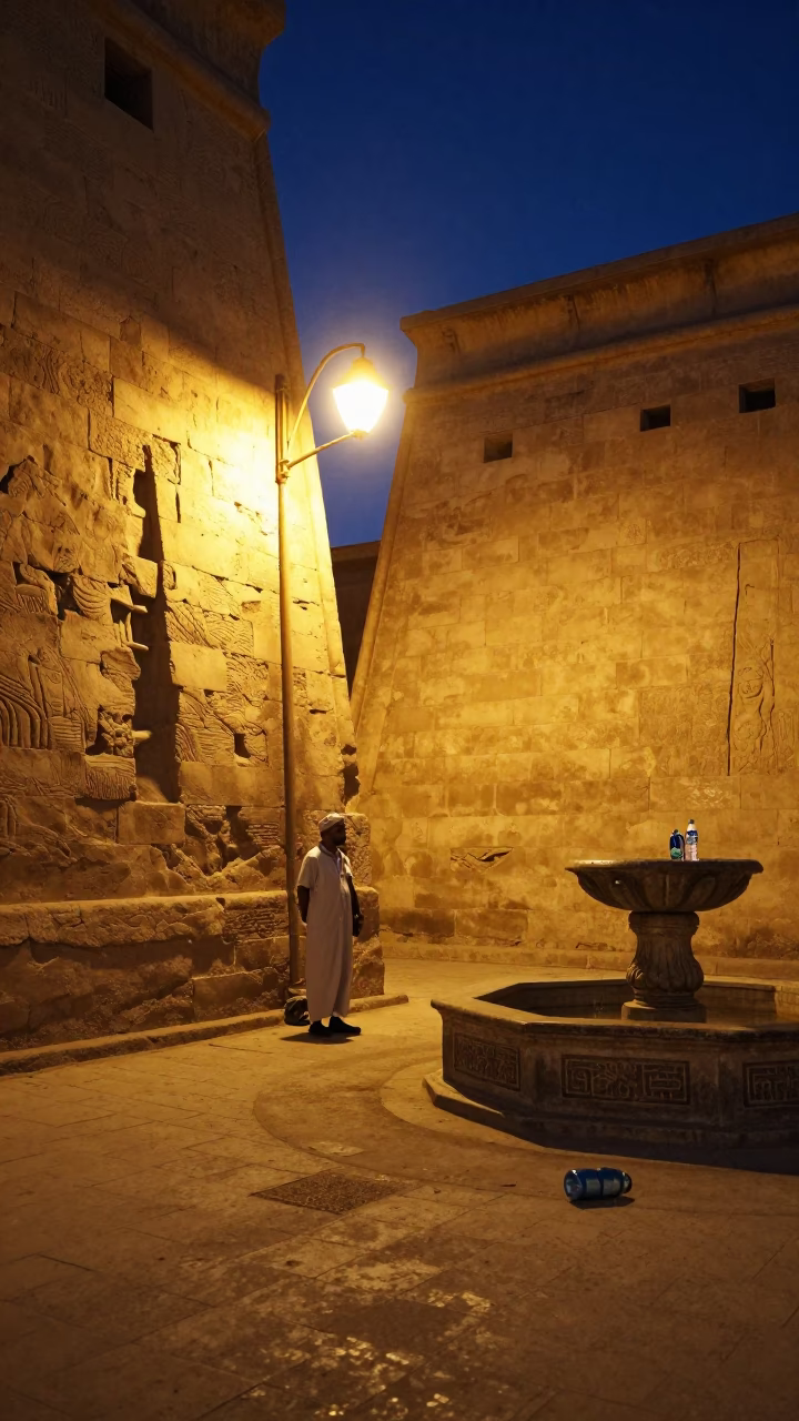 Luxor Egypt Midnight Street Scene With Watering Bottle And Stone Architecture in in Luxor, Egypt