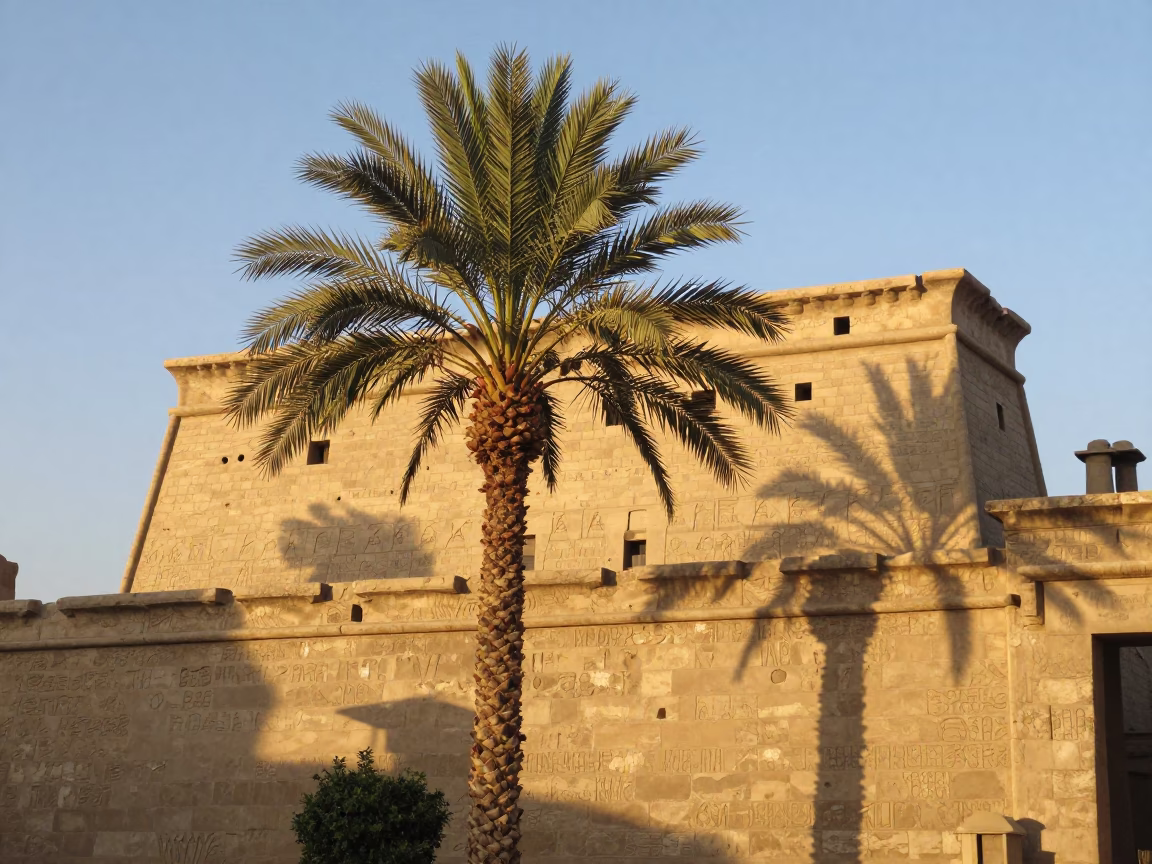Luxor Egypt Morning Light Date Palm Clusters and Ancient Stone Architecture in in Luxor, Egypt