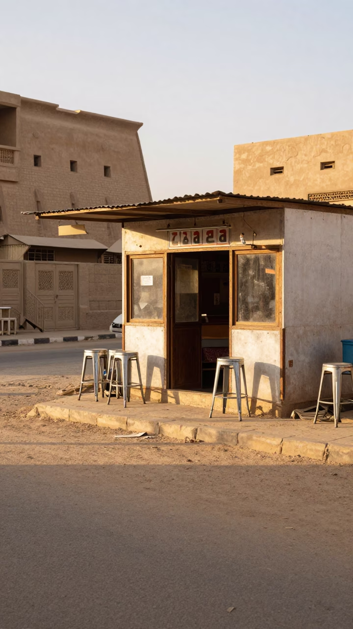 Luxor Egypt Morning Street Scene with Bar Stools and Local Life After Sunrise in in Luxor, Egypt