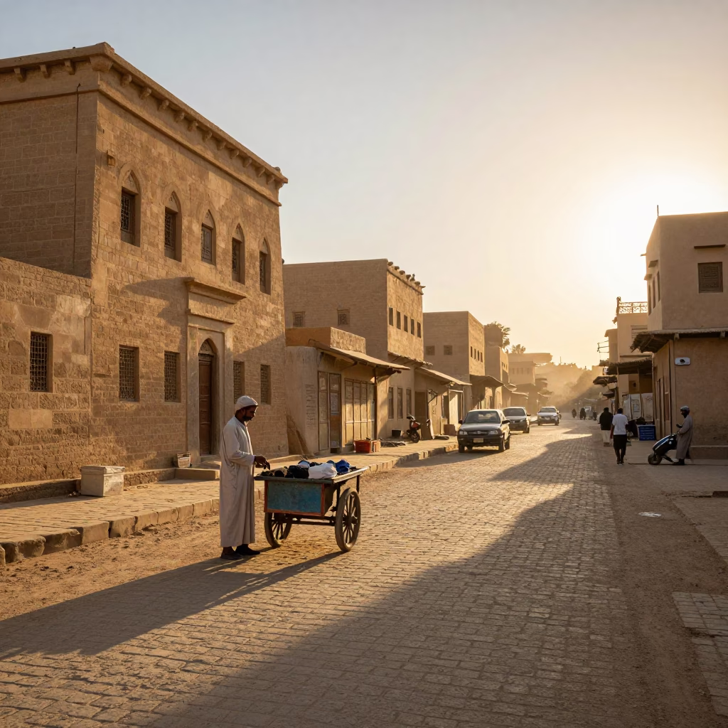Luxor Egypt Morning Street Scene with Local Vendor and Traditional Violin near Luxor Temple in in Luxor, Egypt