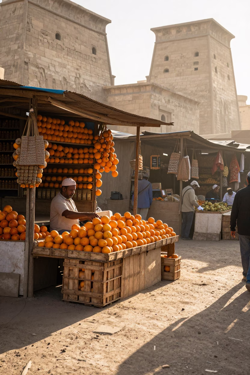 Luxor Egypt Morning Street Scene with Oranges and Local Vendor in in Luxor, Egypt
