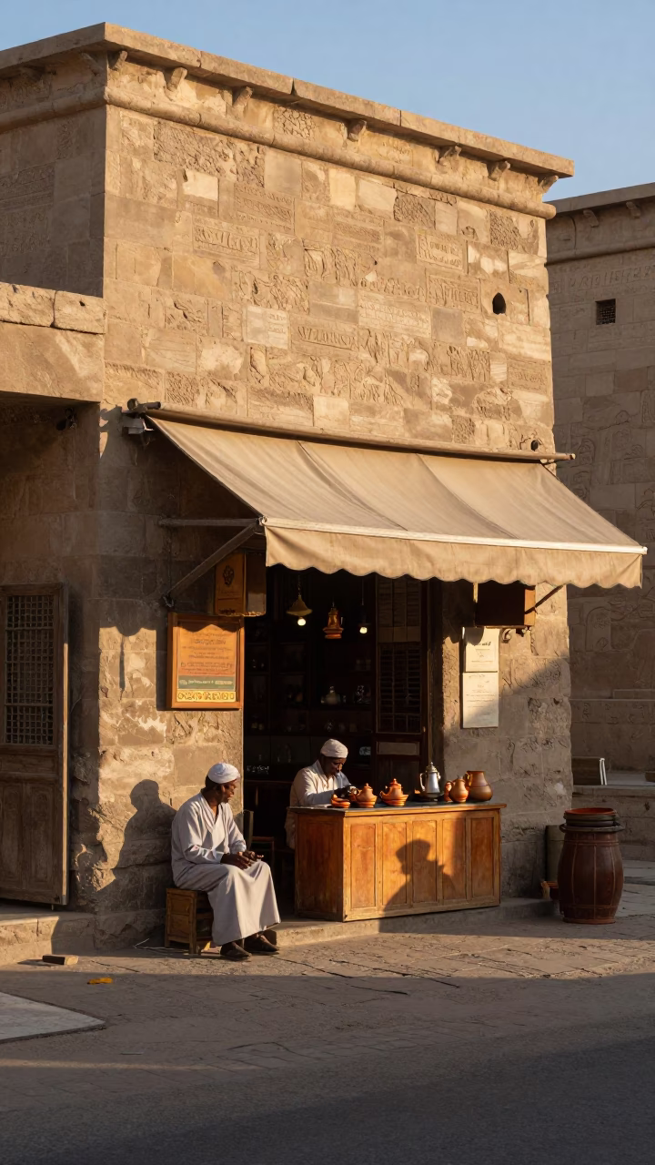 Luxor Egypt Morning Street Scene with Traditional Tea Service and Local Commerce in in Luxor, Egypt