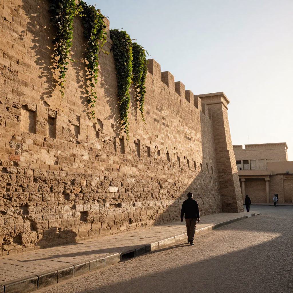 Luxor Egypt Morning Street Scene with Turnbuckle and Brick Wall Ivy in in Luxor, Egypt