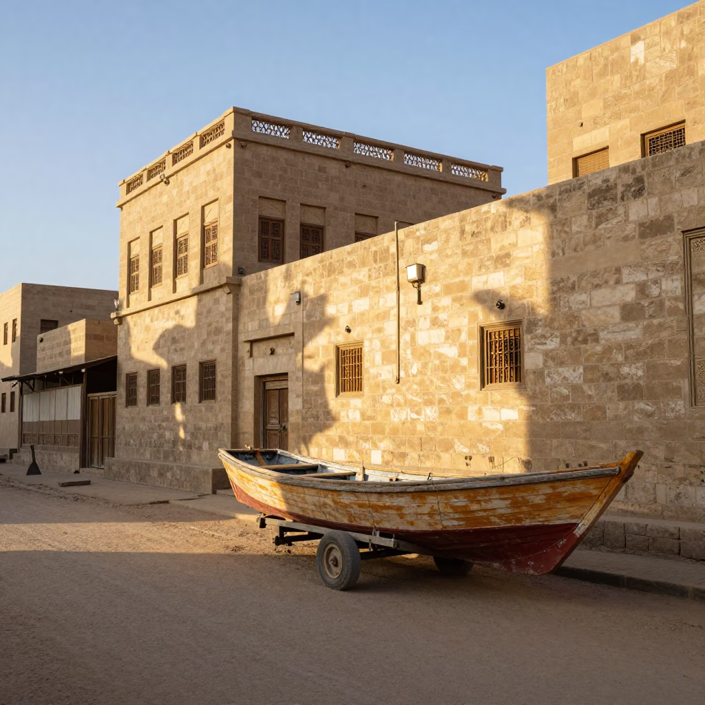 Luxor Egypt Morning Street Scene with Wooden Boat and Local Market Activity in in Luxor, Egypt