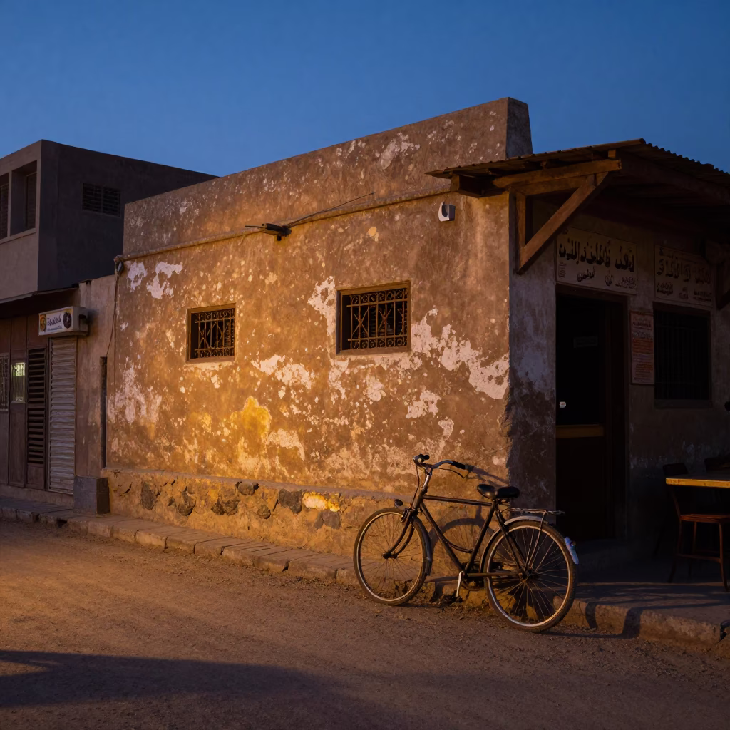 Luxor Egypt Nautical Dawn Street Scene with Bicycle and Cafe in in Luxor, Egypt